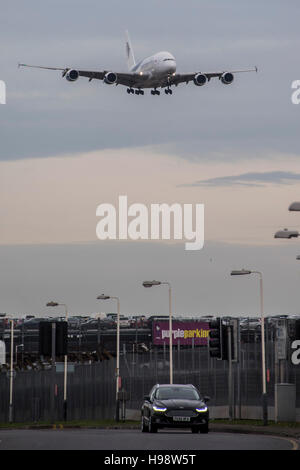 London, UK. 19th November, 2016. An Airbus A380 comes in to land at Heathrow. it is a double-deck, wide-body, four-engine jet airliner manufactured by European Union manufacturer Airbus. It is the world's largest passenger airline. Credit:  Guy Bell/Alamy Live News Stock Photo