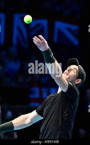 London, UK. 20th Nov, 2016.  (EDITORS NOTE: Multiple exposures were combined in camera to produce this image) Barclays ATP World Tour Finals 02 Arena London UK FINAL: Andy Murray GBR  v Novak Djokovic SRB  Murray in action during the match Credit:  Leo Mason/Alamy Live News Stock Photo