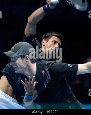 London, UK. 20th Nov, 2016.  (EDITORS NOTE: Multiple exposures were combined in camera to produce this image)  Andy Murray of Great Britain and Novak Djokovic of Serbia in action during the mens final on day eight of the Barclays ATP World Tour Finals at O 2 Arena on November 20, 2016 in London, England. (Photo by Split Second/Corbis via Getty Images © Leo Mason/Alamy Live News Credit:  Leo Mason/Alamy Live News Stock Photo