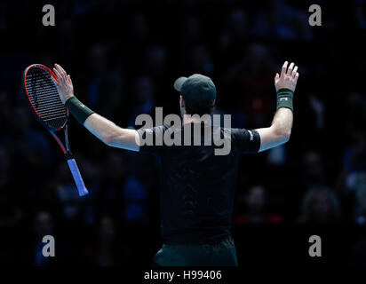 London, UK. 20th Nov, 2016. Andy Murray of Britain celebrates after winning the men's singles final against Serbia's Novak Djokovic at the 2016 ATP World Tour Finals at the O2 Arena in London, Britain on Nov. 20, 2016. Murray won 2-0. Credit:  Han Yan/Xinhua/Alamy Live News Stock Photo