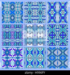 set of blue seamless colored vintage geometric pattern Stock Vector