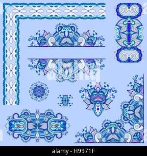blue colour set of paisley floral design elements for page decor Stock Vector