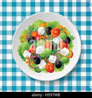 Greek vegetable salad with fresh tasty tomatoes, feta cheese, black olives, cucumbers, peppers, basil, oregano and parsley on white plate on blue-whit Stock Vector