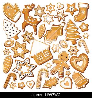Gingerbread ginger cookie cookies bisquit sweets different set setting icing xmas Christmas holiday decor. Vector beautiful square top view closeup si Stock Vector