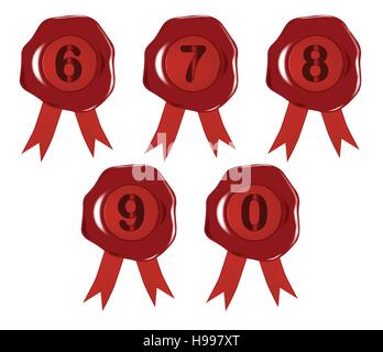 1 to 0 wax stamps or seals over a white background Stock Vector