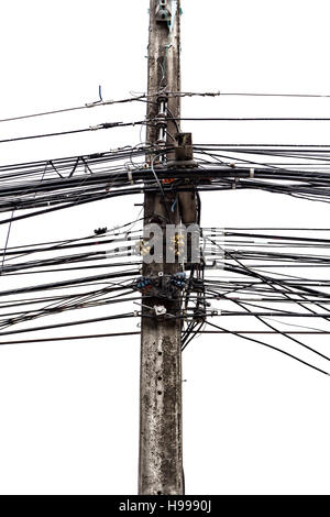 chaotic wires on electricity post Stock Photo