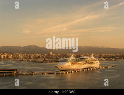 View of Palma, Majorca from the top deck of a cruise ship in early morning in port, with another cruise ship in the foreground Stock Photo