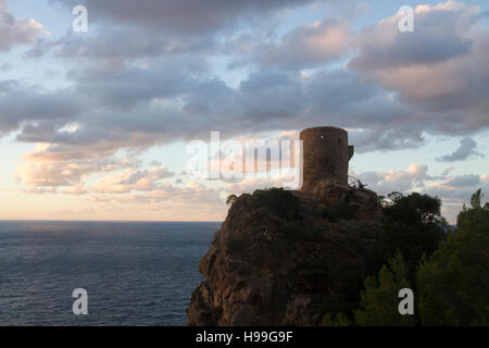 Mallorca Majorca Spain Tower oversea "Mirador de Ses Animes" Torre des Verger, Banyalbufar Tramuntana  Balearic islands Stock Photo