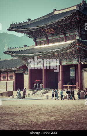 Seoul, South Korea - October 20, 2016: Gyeongbokgung Palace grounds in Seoul, South Korea. Stock Photo