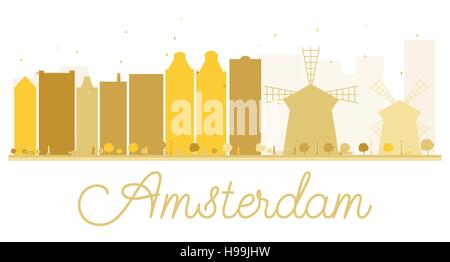 Amsterdam City skyline golden silhouette. Vector illustration. Simple flat concept for tourism presentation, banner, placard or web site. Stock Vector