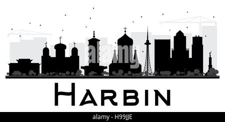 Harbin City skyline black and white silhouette. Vector illustration. Simple flat concept for tourism presentation, banner, placard or web site. Stock Vector