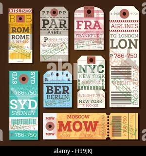Retro Baggage Tags. Vector Illustration. Luggage Label from Rome, Paris, Frankfurt, London, Sydney, Berlin, Moscow and New York. Stock Vector