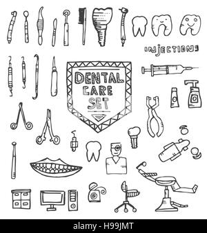 Dental Care Set with Different Hand Drawn Icons Isolated on White Background. Vector Illustration. Stock Vector