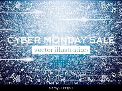 Cyber Monday Technological Background with Letters and Neon Lights. Sale Concept. Vector Illustration. Stock Vector
