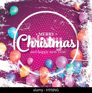 Merry christmas poster on red background with flying balloons and white circle frame. Vector illustration. Holiday banner with halftone pattern Stock Vector