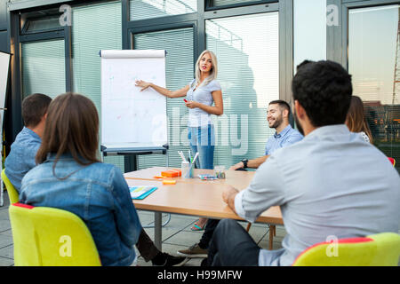 Businesswoman giving presentation in workshop outdoors Stock Photo