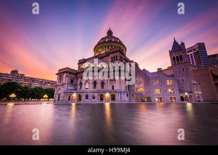 The Church of Christ, Scientist at sunset, at the Christian Science Plaza, in Boston, Massachusetts. Stock Photo