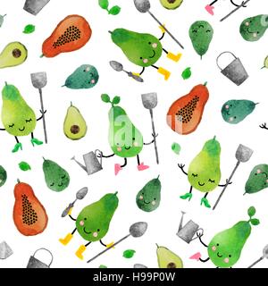 Watercolor vector pattern of cute fruits. Seamless pattern of watercolor colorful fruits isolated on the white background. Perfect for kids design. Stock Vector