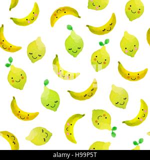 Watercolor vector pattern of cute fruits. Seamless pattern of watercolor colorful fruits isolated on the white background. Perfect for kids design. Stock Vector