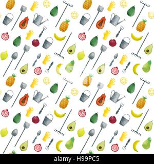 Watercolor vector pattern of cute fruits and garden tools. Seamless pattern of watercolor colorful fruits isolated on the white background. Stock Vector