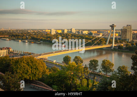 View of Danube River and SNP Bridge in Bratislava, Slovakia Stock Photo