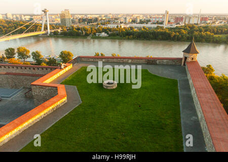 View of Danube River and SNP Bridge in Bratislava, Slovakia Stock Photo