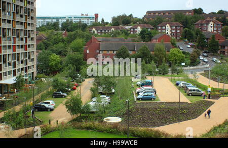 Redeveloped flank of the Park Hill flats looking to the estate's car park, city of Sheffield, Yorkshire England UK - 2016 Stock Photo