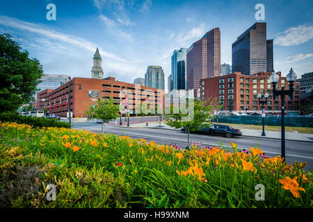 Gardens at North End Park with view of buildings in downtown, in the North End, Boston, Massachusetts. Stock Photo