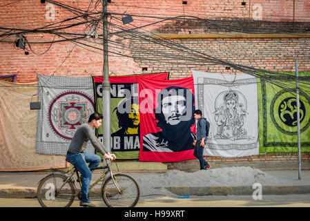 Banner flags of Che Guevara and Bob Marley on sale in one of the streets of Kathmandu, Nepal. Stock Photo