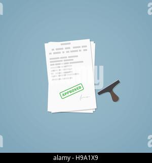 Flat illustration. Approved documents, approved stamp, business papers. Signed agreement. Stock Vector