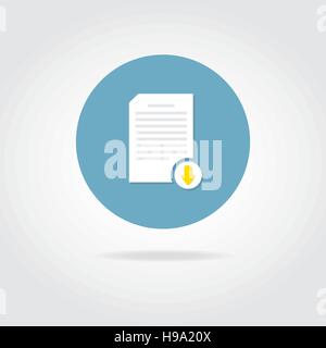 Flat icon. Document downloading. White sheet with arrow on circle. Stock Vector
