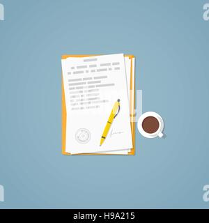 Flat illustration. Documents, golden pen, business papers. Signed agreement. Stock Vector