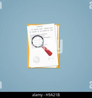 Flat illustration. Documents, magnifying glass, business papers. Signed agreement. Investigation research. Stock Vector
