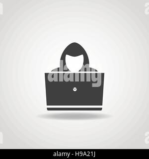 Black icon of hacker with big laptop. Stock Vector