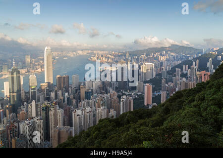 View of skyline on the Hong Kong Island in Hong Kong, China, viewed from the Victoria Peak in daylight. Stock Photo