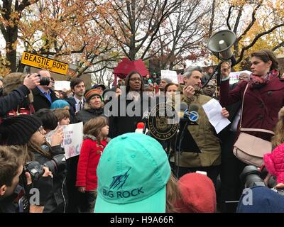 Brooklyn, United States. 20th Nov, 2016. Hundreds gather in Adam Yauch Park in Brooklyn, named after the late founding member of the Beastie Boys, two days after swastikas and the words, 'Go Trump' were spray painted on portions of the playground. Religious and political leaders spoke out and called for a continued effort to fight against the perpetuation of racial hate speech. Adam Horowitz, the band mate of Yauch known as AD-Rock also spoke, and urged the community that now is the time to get involved, to speak out and not remain silent. Credit:  Michael Nigro/Pacific Press/Alamy Live News Stock Photo