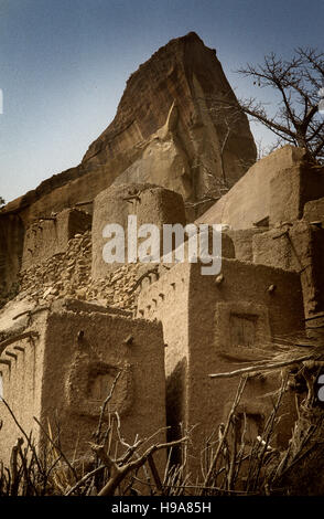 Tireli, Mali, Africa - January 30, 1992: Dogon village and typical mud buildings Stock Photo