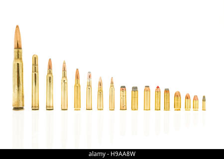 Calibers of bullets including 223, 5.56  39, 7.62, 30-30 win, 308 win, 270 win, 300 win mag, 416 rem mag, 50 BMG 45 long colt, 44 rem mag, 357 mag, 38 Stock Photo