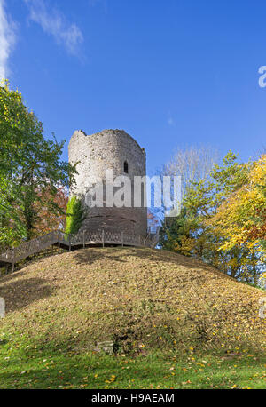 Bronllys Castle a mid 12th century stone keep in the village of Bronllys, Brecon beacons National Park, Powys, Mid Wales, UK. Stock Photo