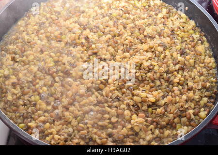 Top-view of lentils on a hot stove Stock Photo