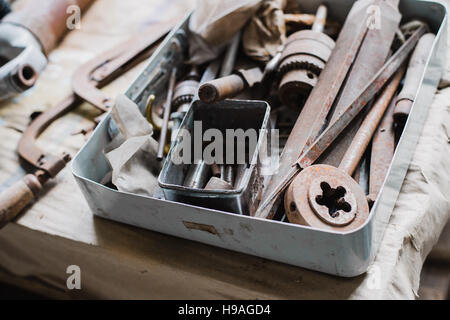 still life tool box with nails rasp and old tools Stock Photo