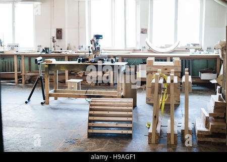 Carpentry workshop with tools and supplies Stock Photo