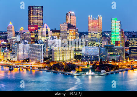 Pittsburgh, Pennsylvania downtown skyline at dusk. Located at the confluence of the Allegheny, Monongahela and Ohio rivers, Pittsburgh is also known a Stock Photo