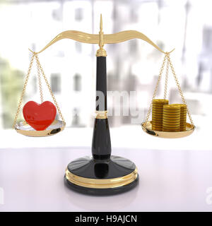 3D rendering of a balance scale of love and money Stock Photo