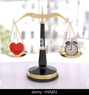 3D rendering of a balanced scale of heart and clock, time and love concept Stock Photo