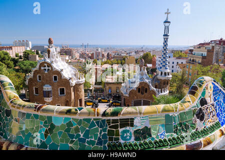 The Park Güell is a public park system composed of gardens and architectonic elements located on Carmel Hill, in Barcelona, Catalonia. Carmel Hill bel Stock Photo
