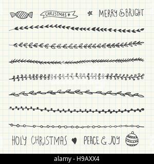 Hand Drawn Christmas Decorative Elements, Doodles and Borders Stock Vector