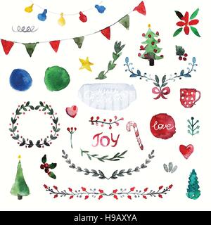 Vector set of hand drawn watercolor Christmas and New Year symbols Stock Vector