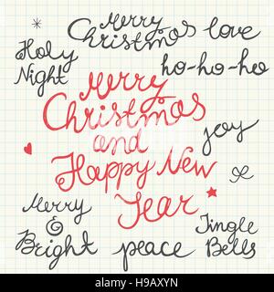 Hand-written Christmas and New Year lettering isolated on graph paper background. Stock Vector