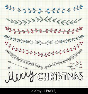 Hand Drawn Christmas Decorative Elements, Doodles and Borders Stock Vector